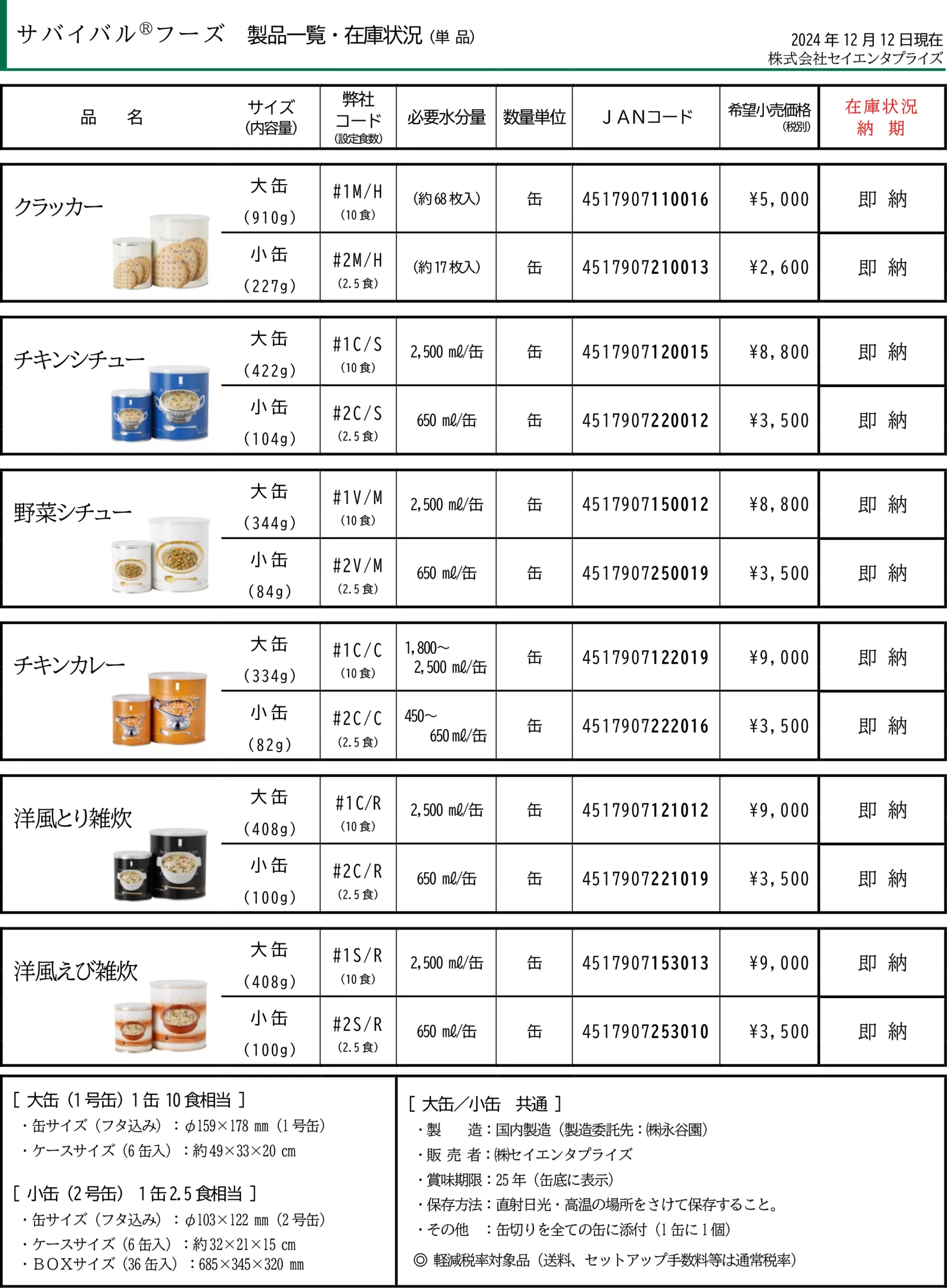 サバイバルフーズ在庫状況一覧1