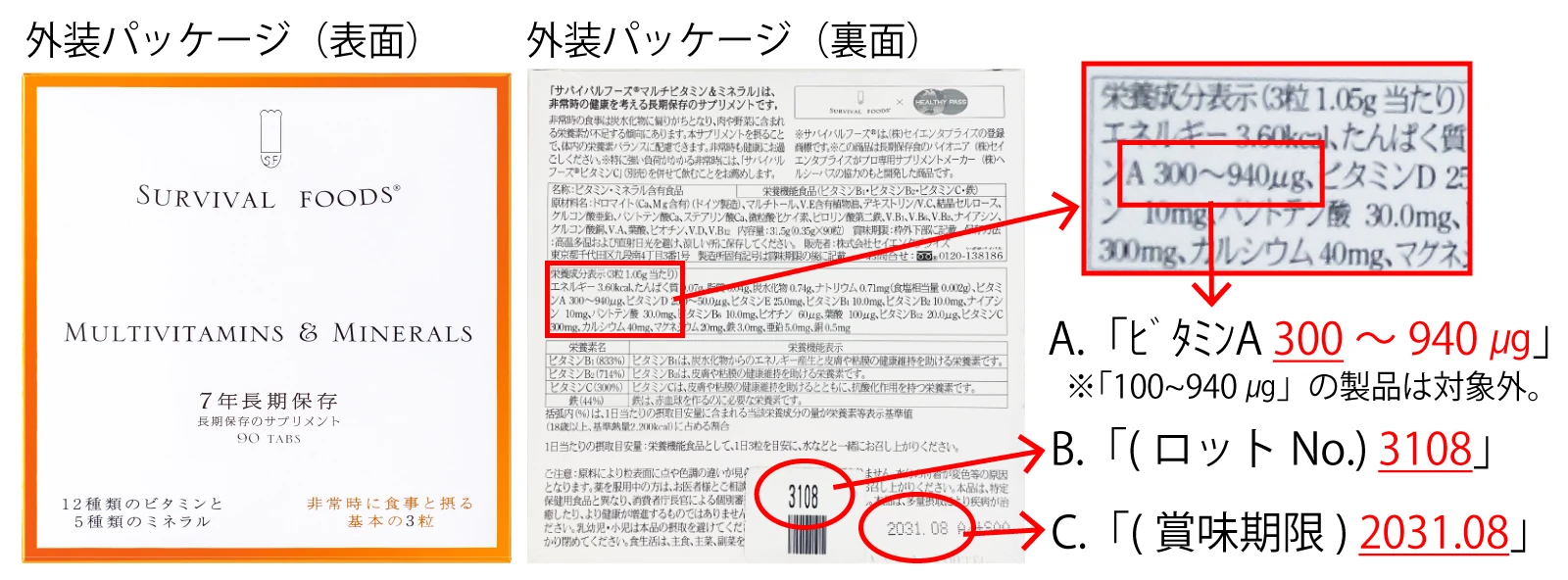 サプリ外装パッケージの確認該当箇所